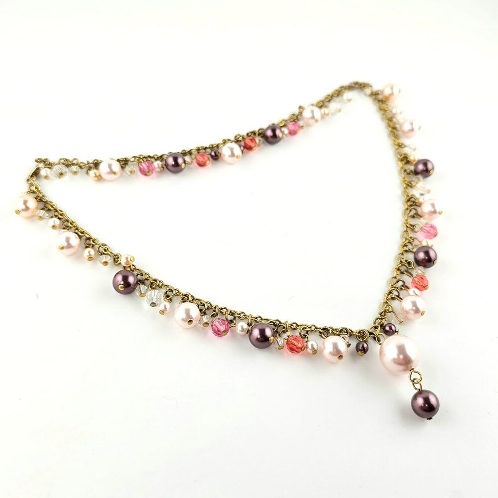 Faux Pearl Charm Necklace Gold Tone Double Clasp Multicolor Beaded - Picture 6 of 10